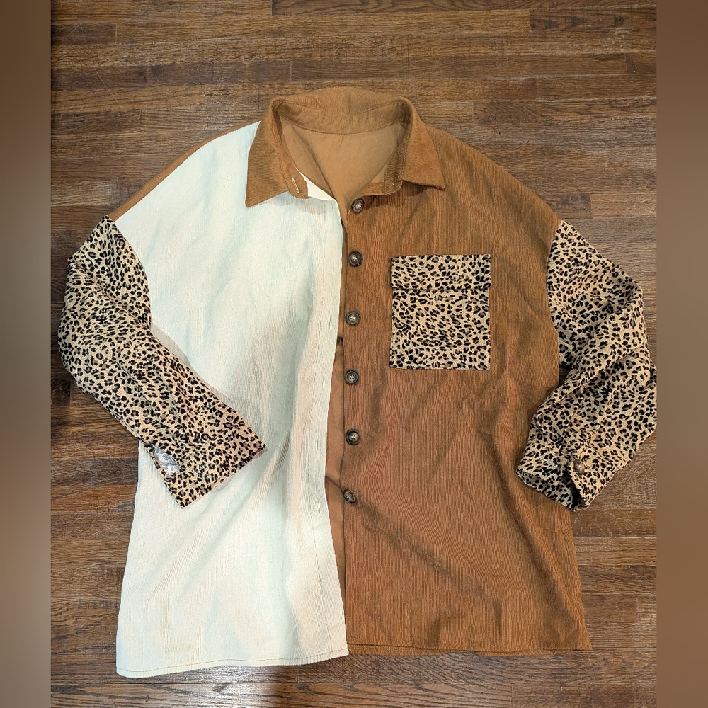 Womens Shein Colorblock Button Up Shirt With Leopard Details Size XL
